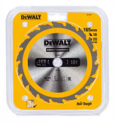 Пильный диск по дереву с гвоздями DEWALT, DT1933-QZ, 165 х 20 мм, 18 зубов