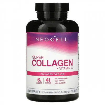 Neocell, Super Collagen + C, Kollagen va Vitamin C qo'shimchasi, 250 tabletka