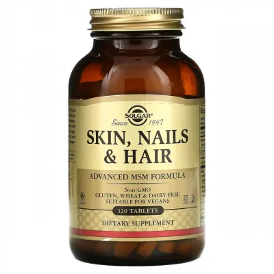 Витамины для волос, кожи и ногтей, Skin, Nails & Hair, Solgar улучшенная формула с МСМ, 120 таблеток