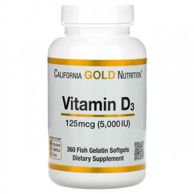 California Gold Nutrition, витамин D3, 125 мкг (5000 МЕ), 360 капсул из рыбьего желатин