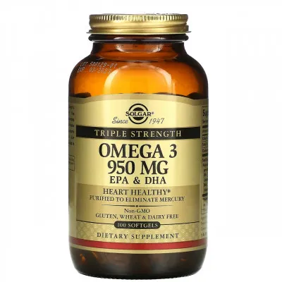 Биодобавка Solgar, омега-3, ЭПК и ДГК, тройной концентрации, 950 мг, 100 капсул