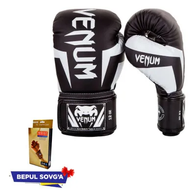 Боксерские перчатки Venum Elite, черный, белый + в подарок эластичный бинт YC Support YC-6092