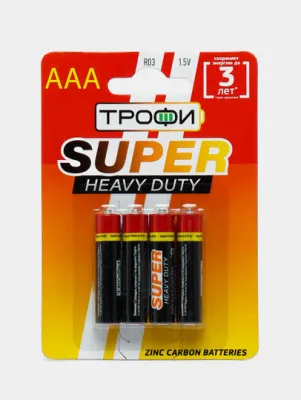 Батарейки сол.Трофи R03-4BL Super heavy duty zinc, ААА, 24 бл.*10 бл.*4 шт.