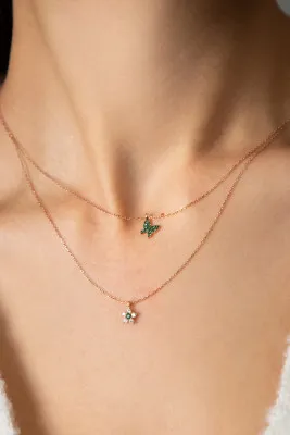 Серебряное ожерелье, модель: зеленая бабочка и цветок pp4101 Larin Silver