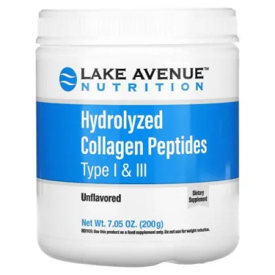 Lake Avenue Nutrition, gidrolizlangan kollagen turlari I va III peptidlar, ta'msiz, 7,05 oz (200 g)