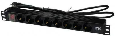 ITK PDU 8 розеток DIN49440 (нем. cтанд.) с LED выключателем, 1U, шнур 2м вилка DIN49441 (нем. станд.), профиль из ПВХ, черный