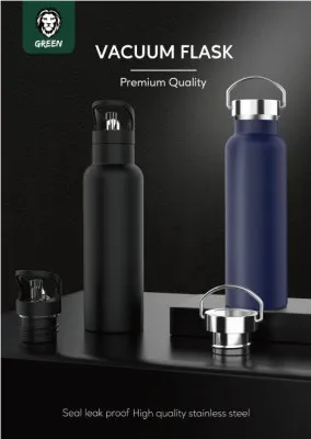 Green Vacuum Flask Бутылка для воды из нержавеющей стали (2 крышки) 600ml / 21oz черный цвет