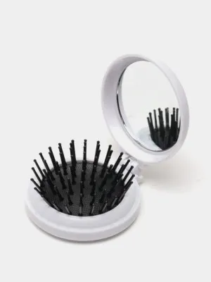 Складная круглая расческа для волос с зеркалом