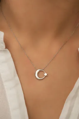 Женское серебряное ожерелье, модель: луна со звездочкой kls2065 Larin Silver серебристый