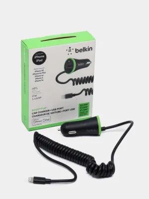 Автомобильное ЗУ Belkin Car Charger 17W USB 3.4A+USB, Lightning 1.2м, black