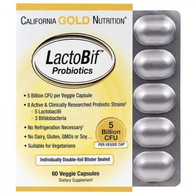 Kaliforniya oltin oziqlantiruvchi probiyotiklari, LactoBif, 5 milliard CFU, 60 sabzavotli kapsulalar