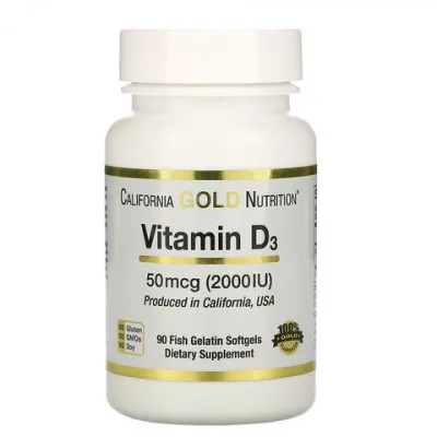 Витамин D3 California Gold Nutrition, 50 мкг (2000 МЕ), 90 мягких капсул из рыбного желатина