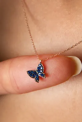 Серебряное ожерелье, модель: бабочка c синим камушком pp3798 Larin Silver
