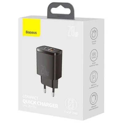 Сетевое зарядное устройство Baseus Compact Quick Charger U+C / 20W EU / Black