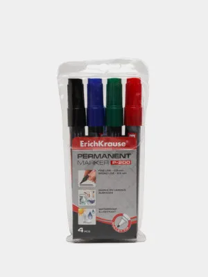 Перманентный маркер ErichKrause  P-200, цвет чернил: черный, синий, красный, зеленый