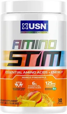 USN Amino Stim EAA (muhim aminokislotalar) + energiya, 125 mg kofein, 6 g asosiy aminokislotalar, namlovchi kompleks, mushaklar o'sishini tiklash, mango ananasi