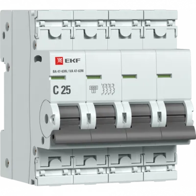 Автоматический выключатель 4P 25А (C) 6кА ВА 47-63N EKF PROxima