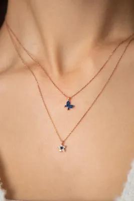 Серебряное ожерелье, модель: синяя бабочка и цветок pp4091 Larin Silver