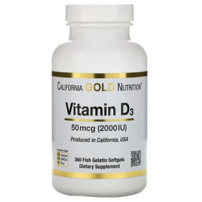 Витамин D3 California Gold Nutrition, 50 мкг (2000 МЕ), 360 капсул из рыбного желатина