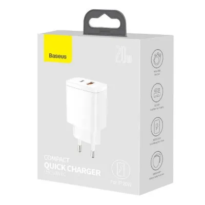 Сетевое зарядное устройство Baseus Compact Quick Charger U+C / 20W EU / White