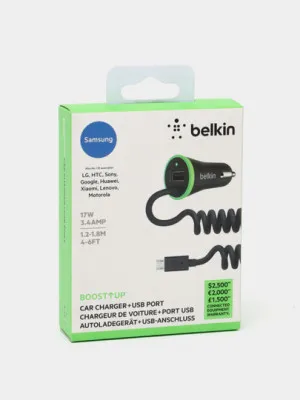 Автомобильное зарядное устройство Belkin Car Charger 17W USB 3.4A+USB, MicroUSB, 1.2 м, black
