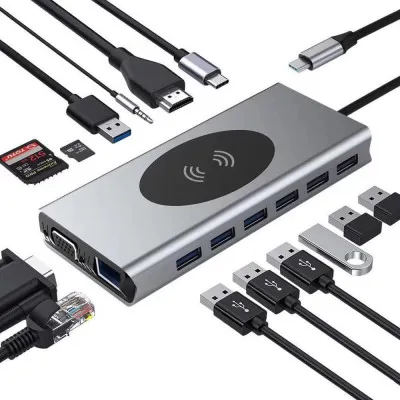Многофункциональный концентратор USB C 15-в-1 с беспроводным зарядным устройством, от премиум бренда акссесуаров для телефонов BRAVE
