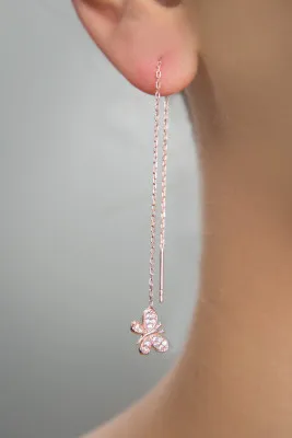 Висячие серебряные серьги с розовым покрытием 925 с деталью бабочки ekr2008 larin silver