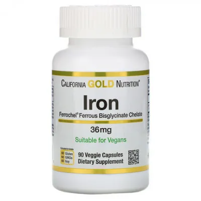 Железо (биглицинат) California Gold Nutrition, Ferrochel, 36 мг, 90 растительных капсул