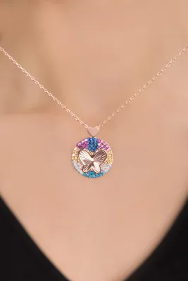 Серебряное ожерелье, модель: бабочки из синего камня, с розовым покрытием pp2523 Larin Silver