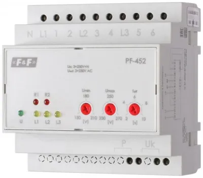 Переключ фаз PF-452, вход 3x400/230В + N, выход 230В, ток 16A, 6НО, пороги регулир, перекл 0,3с