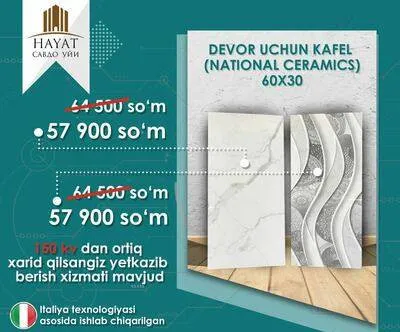 National Ceramics devor uchun kafellar (60x30)