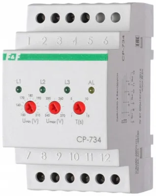 Реле контр напряж CP-734, 3 фаз, без дисп, 3x230В+N, 3НО, нижн 150-210В, верх 240-270В