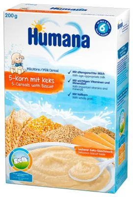 Humana Молочная каша 5 злаков с печеньем 200г с 6 месяцев